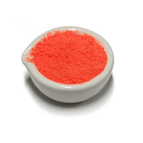 A red-toned fluorescent orange pigment providing intense visibility and vibrant color for signage, toys, and promotional plastic goods. Fluorescent Orange (Red)