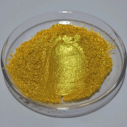 A golden pearlescent pigment that creates a warm, luxurious shimmer in decorative plastics, packaging, and premium consumer goods. Pearl Pigment Gold LM 300